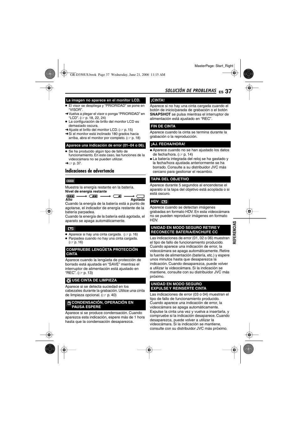 Indicaciones de advertencia, Referencias, P. 37) | JVC GR-D350U User Manual | Page 81 / 88