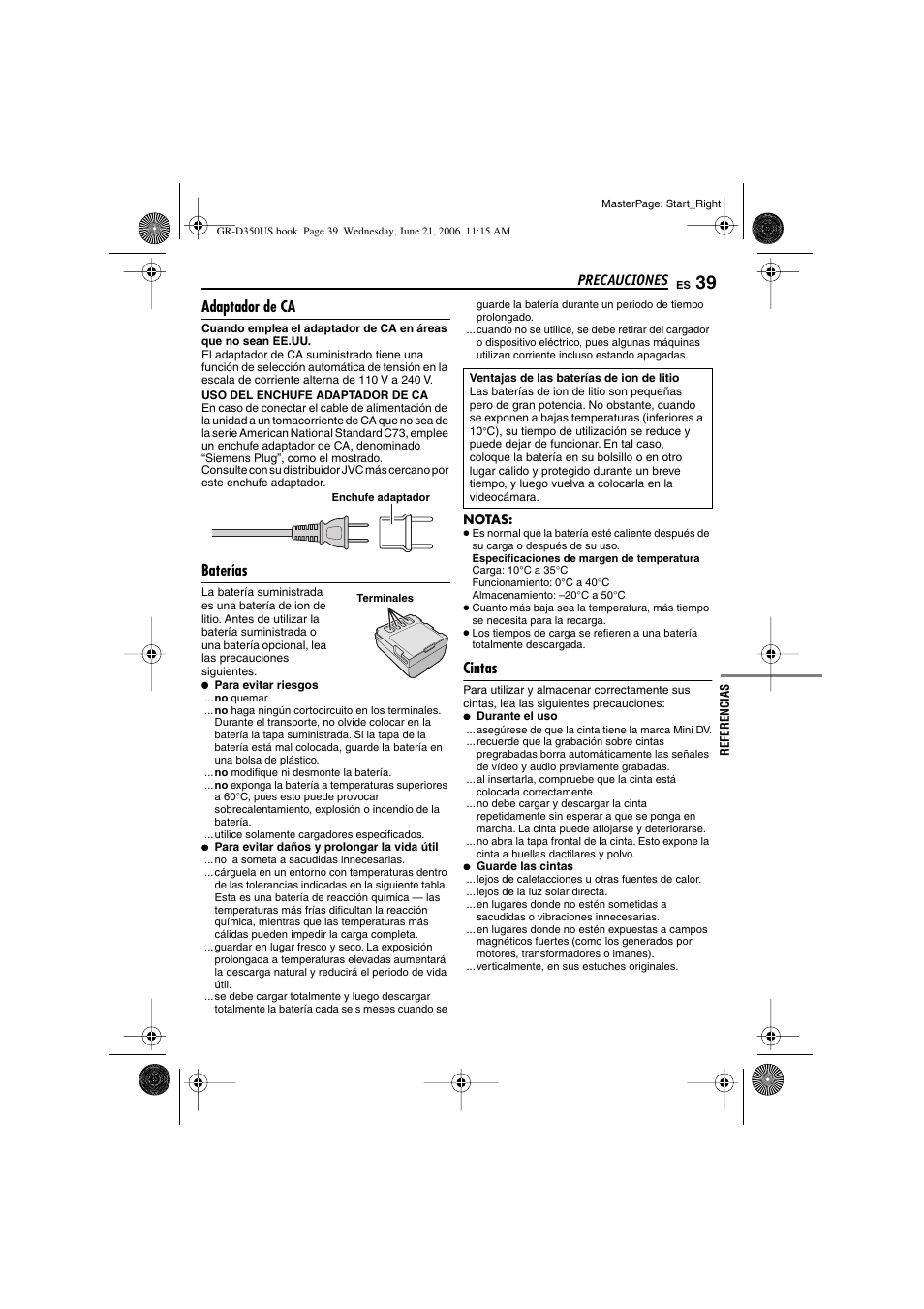 Precauciones, Adaptador de ca, Baterías | Cintas, P. 39) | JVC GR-D350U User Manual | Page 83 / 88