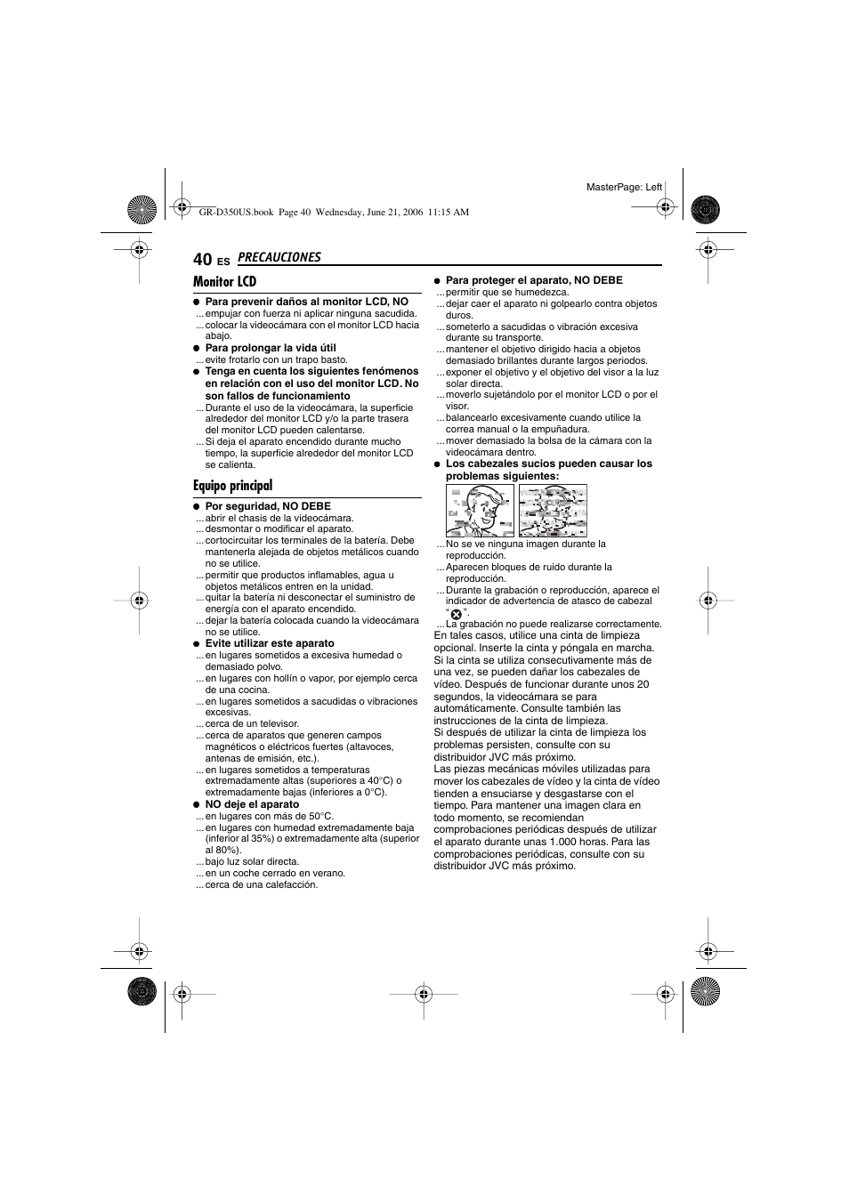 Monitor lcd, Equipo principal, P. 40) | Precauciones | JVC GR-D350U User Manual | Page 84 / 88