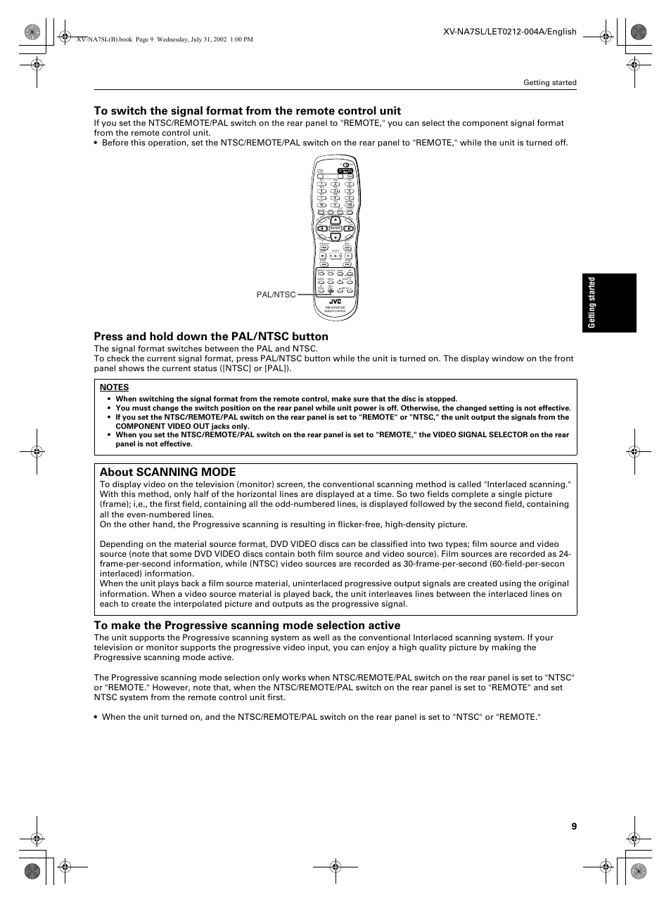 Press and hold down the pal/ntsc button, About scanning mode, Pal/ntsc | Getting started | JVC XV-NA7SL User Manual | Page 11 / 82