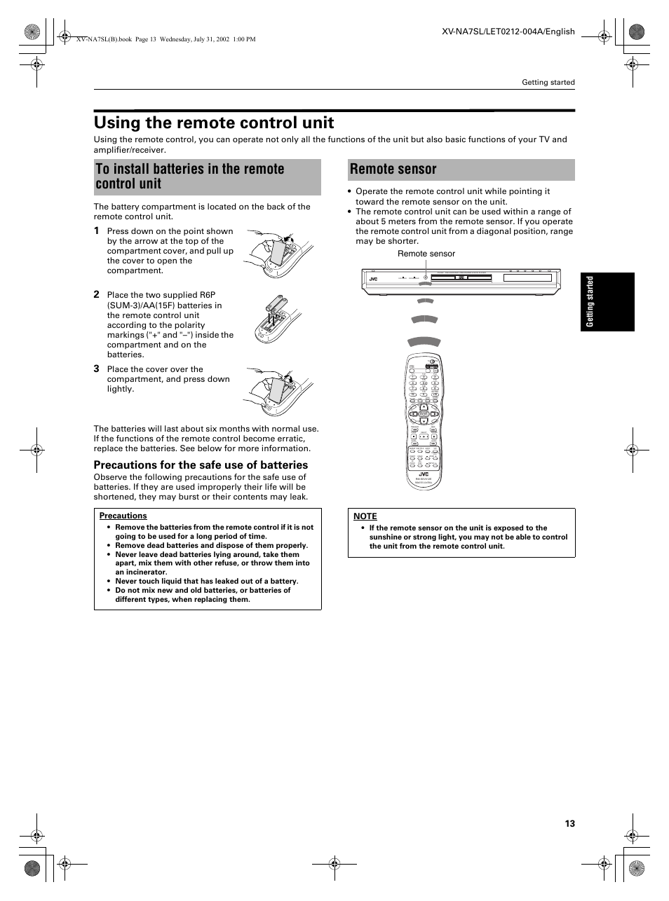 Using the remote control unit, Remote sensor, Precautions for the safe use of batteries | Precautions, Getting started | JVC XV-NA7SL User Manual | Page 15 / 82