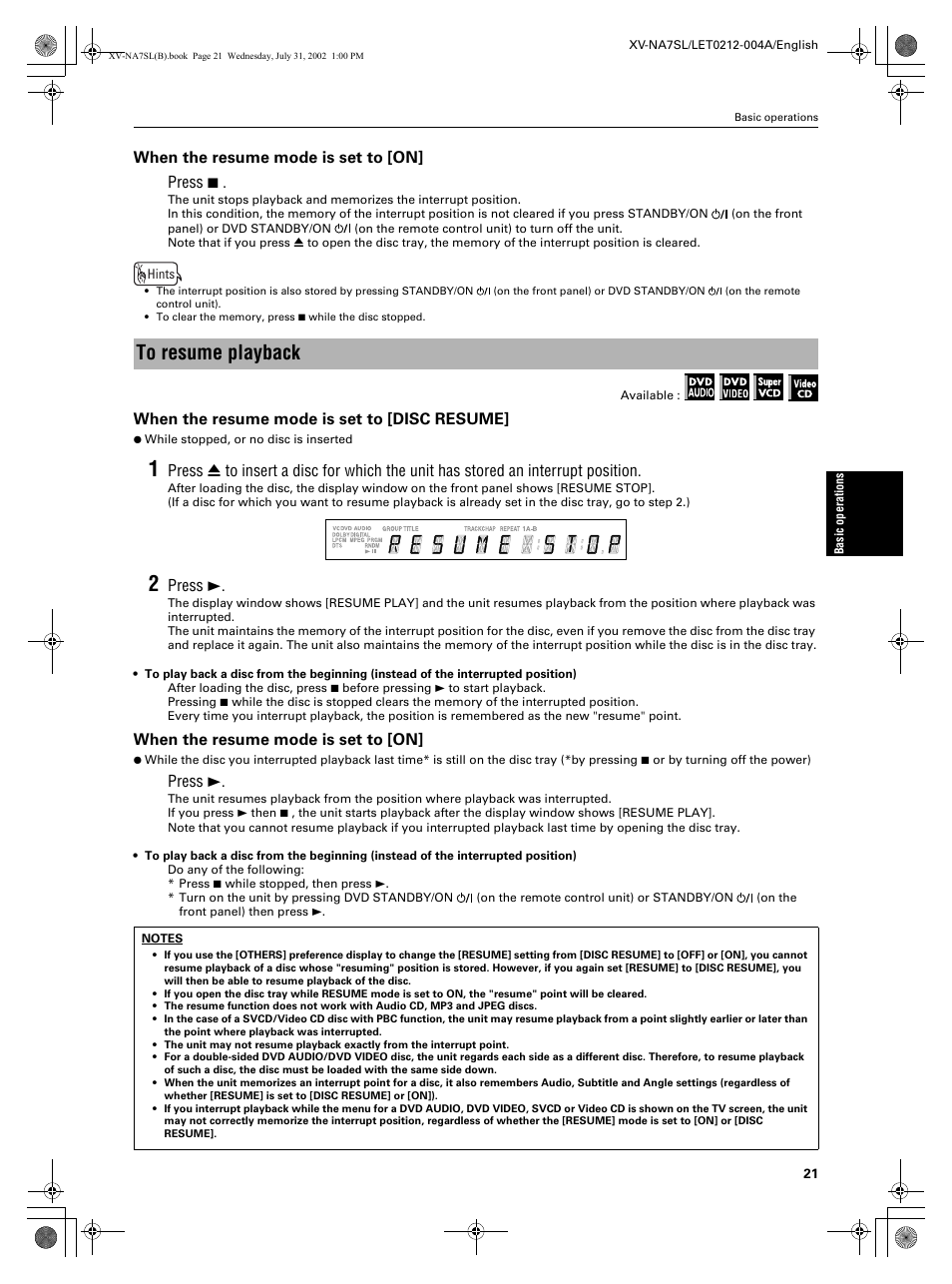 When the resume mode is set to [on] press 7, When the resume mode is set to [disc resume, Press 3 | When the resume mode is set to [on | JVC XV-NA7SL User Manual | Page 23 / 82