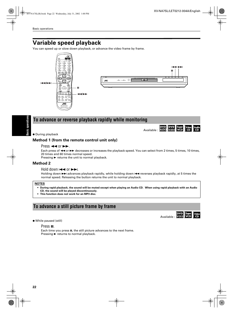 Variable speed playback, Method 2 hold down 4 or, Press 8 | Basic operations | JVC XV-NA7SL User Manual | Page 24 / 82
