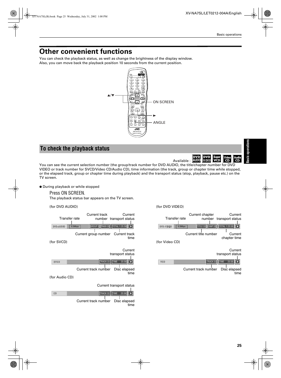 Other convenient functions, Press on screen, Basic operations | Angle on screen 5 / ∞ 3 | JVC XV-NA7SL User Manual | Page 27 / 82