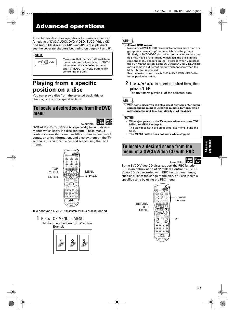 Advanced operations, Playing from a specific position on a disc, Press top menu or menu | Hint, Advanc ed operations, The menu appears on the tv screen, The unit starts playback of the selected item, 3top menu return numeric buttons, Tv dvd | JVC XV-NA7SL User Manual | Page 29 / 82