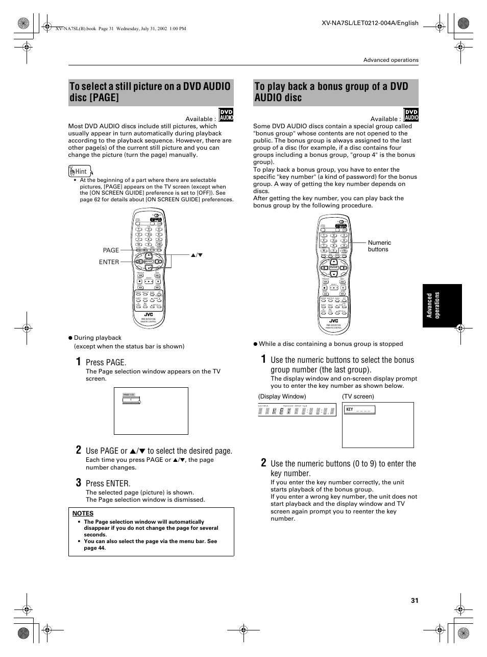 Press page, Use page or 5/∞ to select the desired page, Press enter | Hint, Advanc ed operations, The page selection window appears on the tv screen, Enter 5/∞ page, Numeric buttons, Tv screen) (display window), Advanced operations | JVC XV-NA7SL User Manual | Page 33 / 82