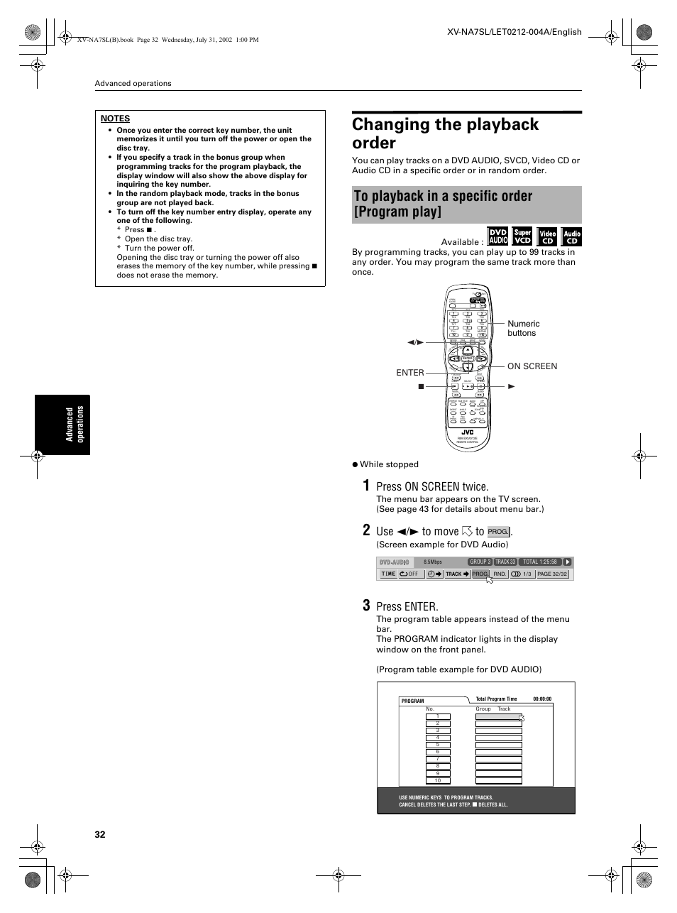 Changing the playback order, Press on screen twice, Use 2/3 to move to | Press enter, Advanced operations, Screen example for dvd audio), 2/3 enter on screen 3 7 numeric buttons | JVC XV-NA7SL User Manual | Page 34 / 82