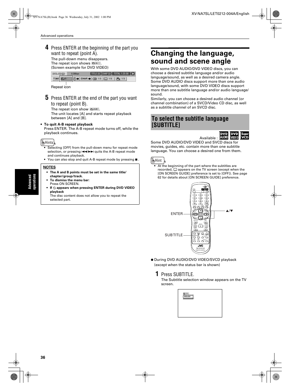 Changing the language, sound and scene angle, Press subtitle, Hints | Hint, Advanced operations, Repeat icon, Enter sub title 5 | JVC XV-NA7SL User Manual | Page 38 / 82