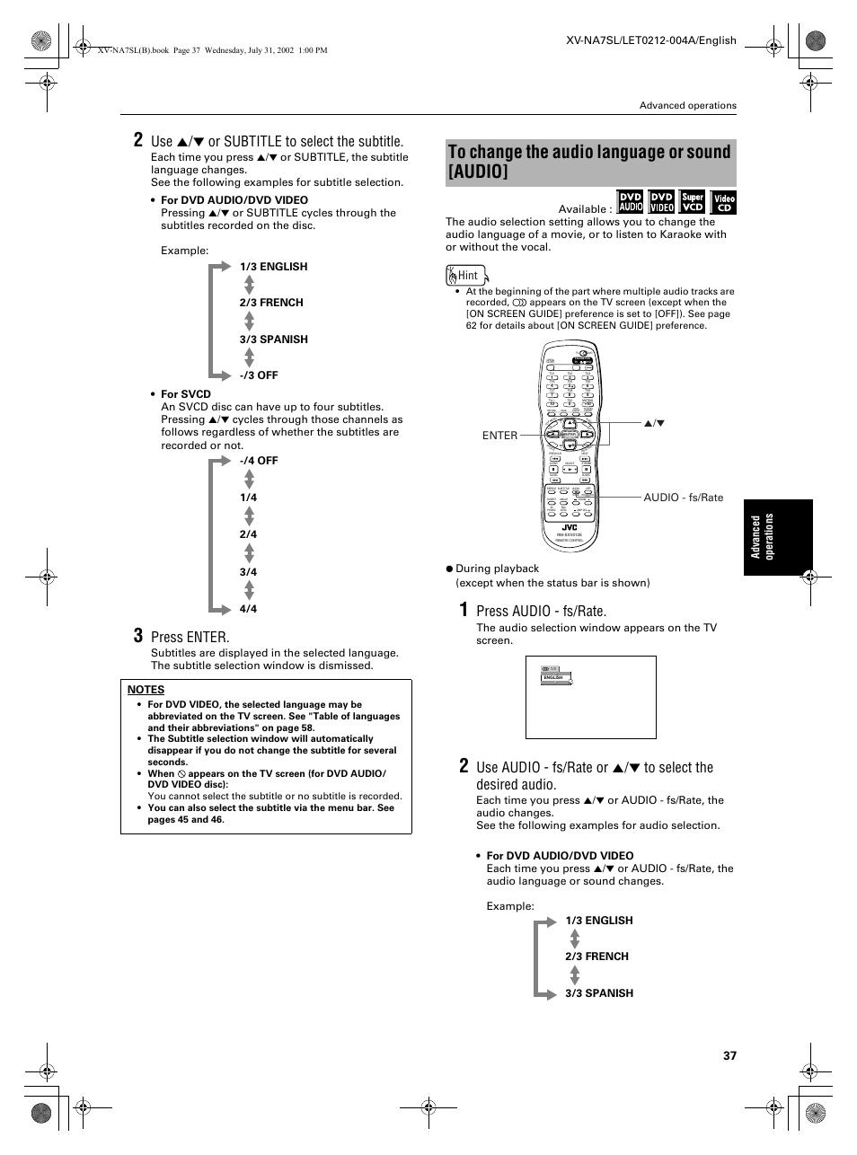 Use 5/∞ or subtitle to select the subtitle, Press enter, Press audio - fs/rate | Hint, Advanc ed operations, Enter 5/∞ audio - fs/rate | JVC XV-NA7SL User Manual | Page 39 / 82