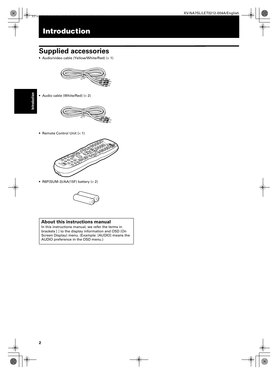 Introduction, Introduction supplied accessories, About this instructions manual | Creen | JVC XV-NA7SL User Manual | Page 4 / 82