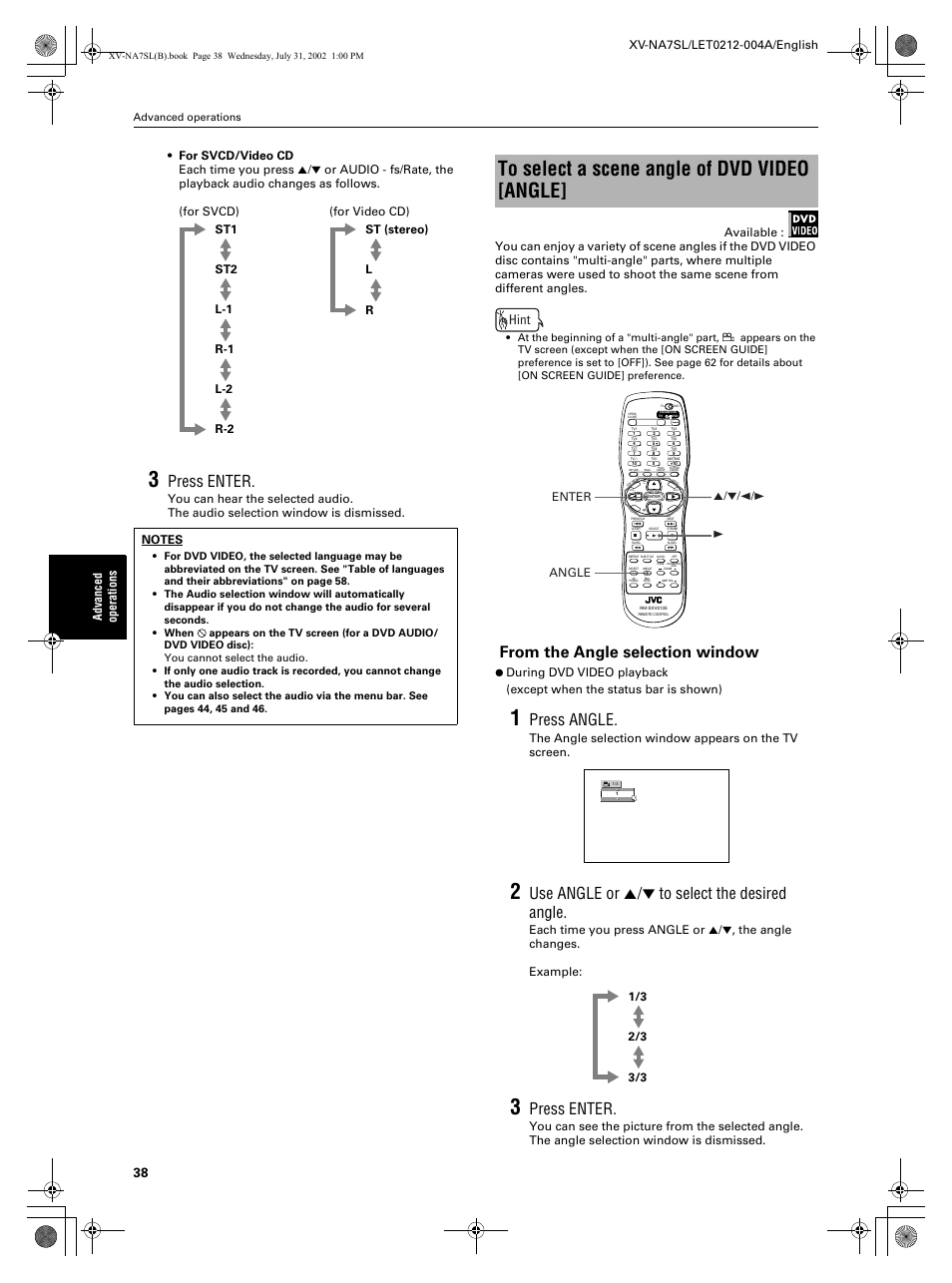 Press enter, Press angle, Use angle or 5/∞ to select the desired angle | Hint, Advanced operations, Enter 5/∞/2/3 3 angle | JVC XV-NA7SL User Manual | Page 40 / 82