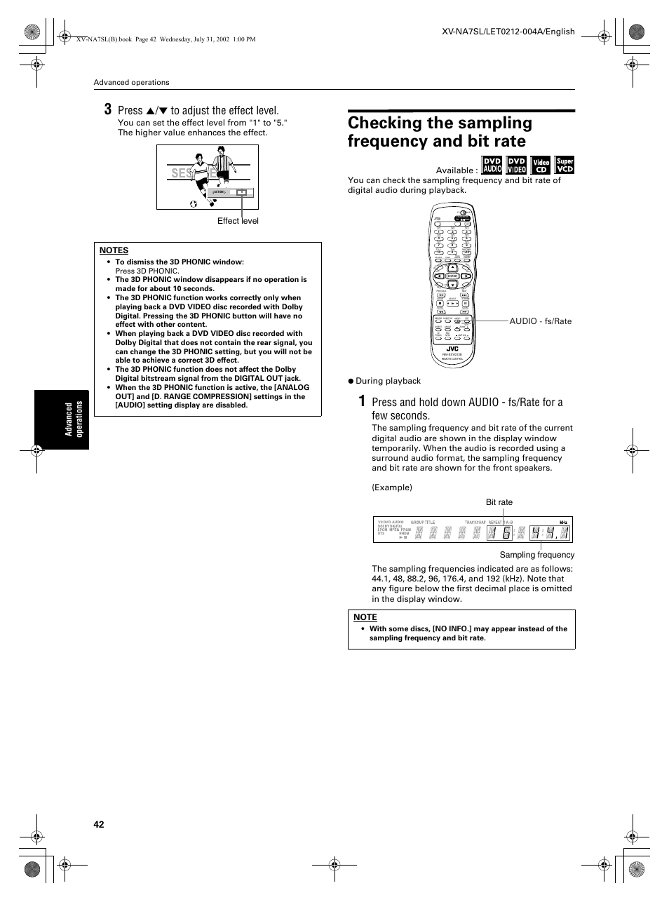 Checking the sampling frequency and bit rate, Press 5/∞ to adjust the effect level, Audio - fs/rate bit rate sampling frequency | Advanced operations | JVC XV-NA7SL User Manual | Page 44 / 82