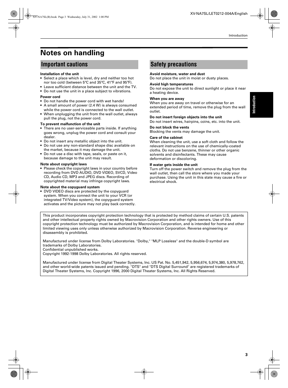 Important cautions safety precautions | JVC XV-NA7SL User Manual | Page 5 / 82