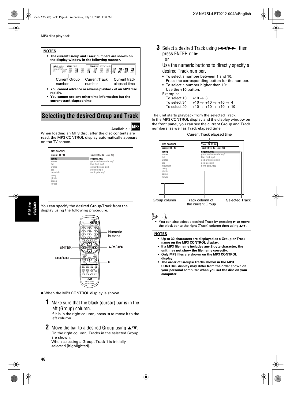 Selecting the desired group and track, Move the bar to a desired group using 5, Hint | Mp3 disc playback | JVC XV-NA7SL User Manual | Page 50 / 82