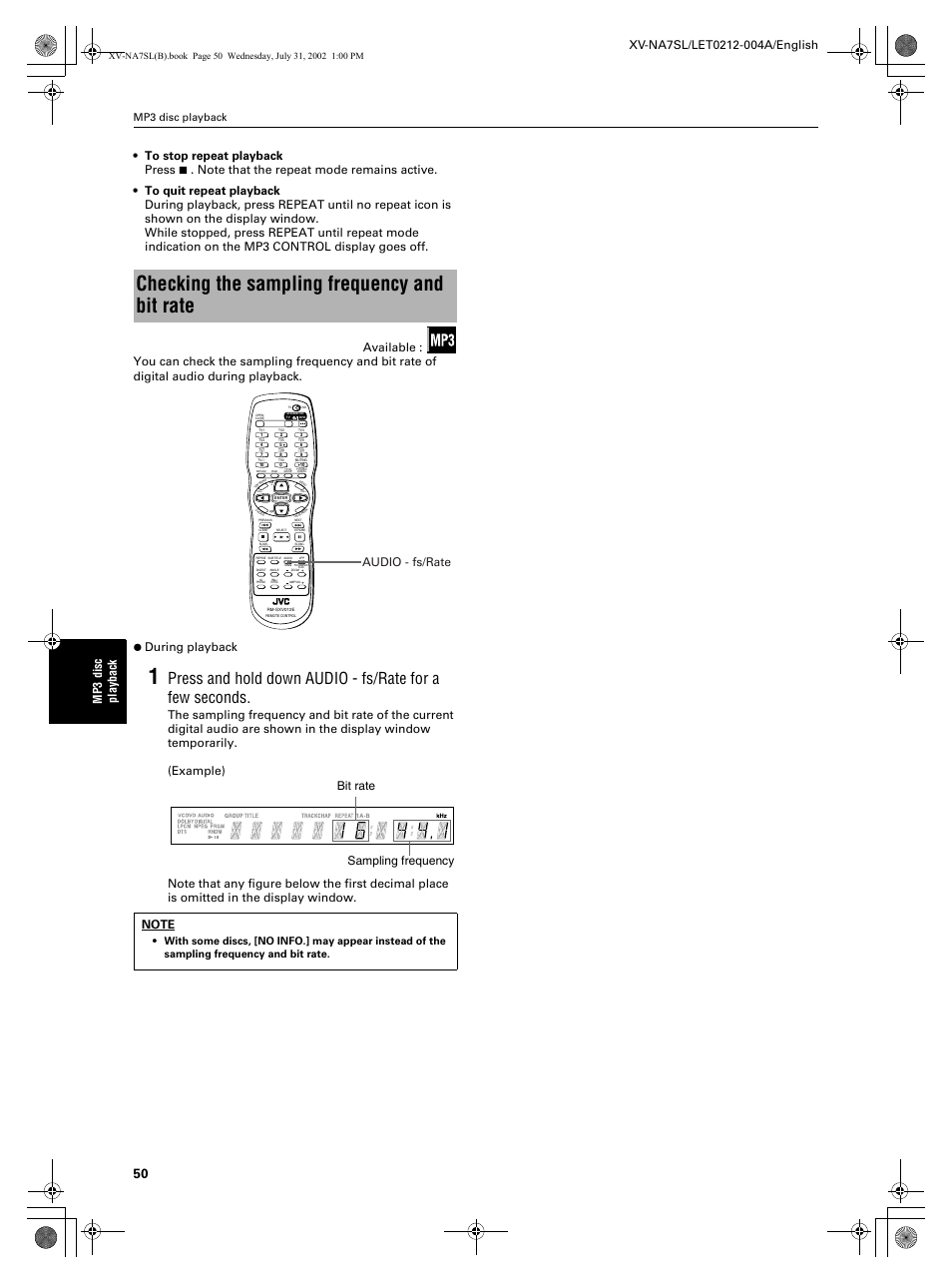 Checking the sampling frequency and bit rate, Audio - fs/rate bit rate sampling frequency, Mp3 disc playback | JVC XV-NA7SL User Manual | Page 52 / 82