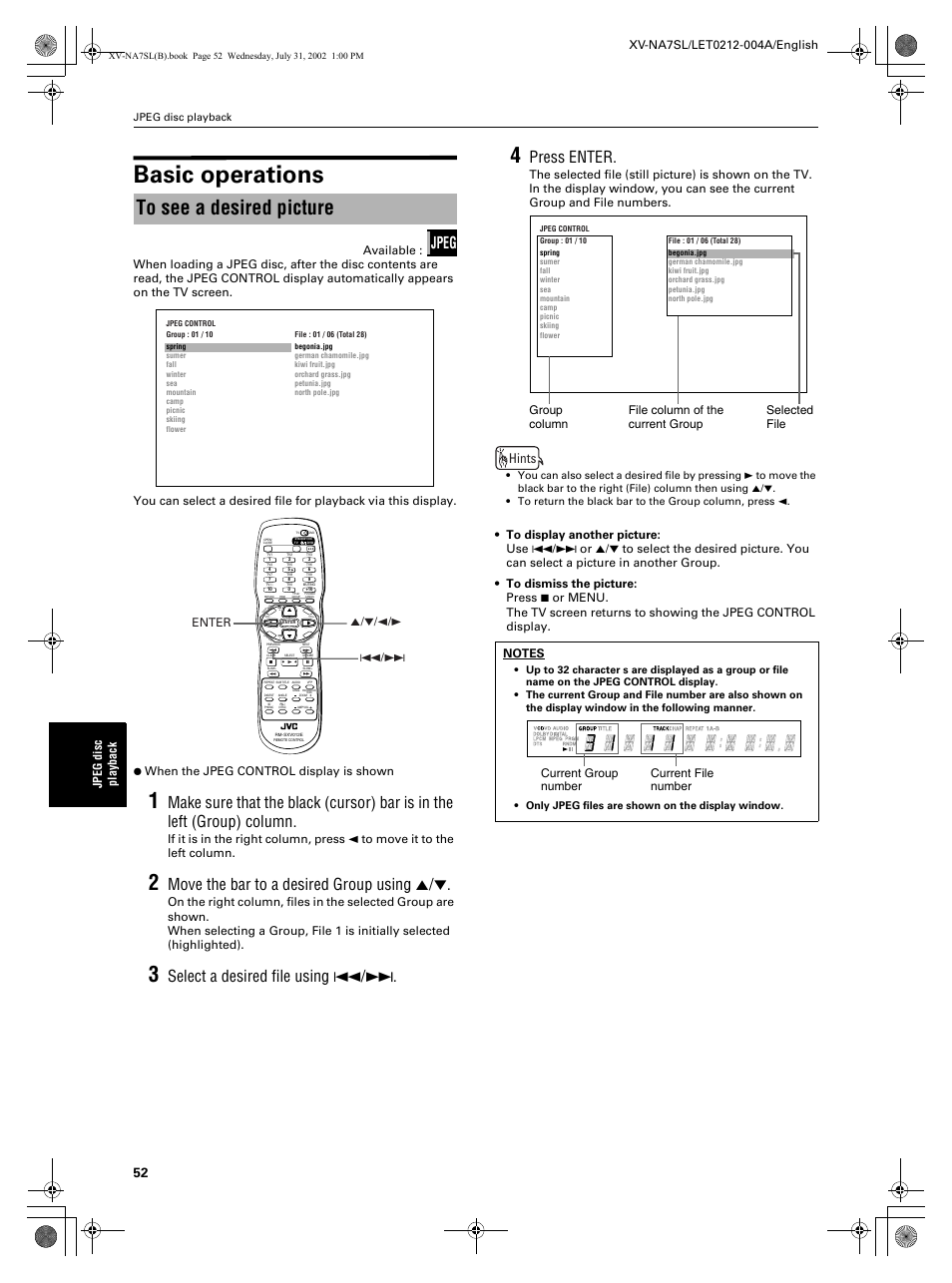 Basic operations, Move the bar to a desired group using 5, Select a desired file using 4 | Press enter, Jpeg, Hints, Jpeg disc pl ayback | JVC XV-NA7SL User Manual | Page 54 / 82