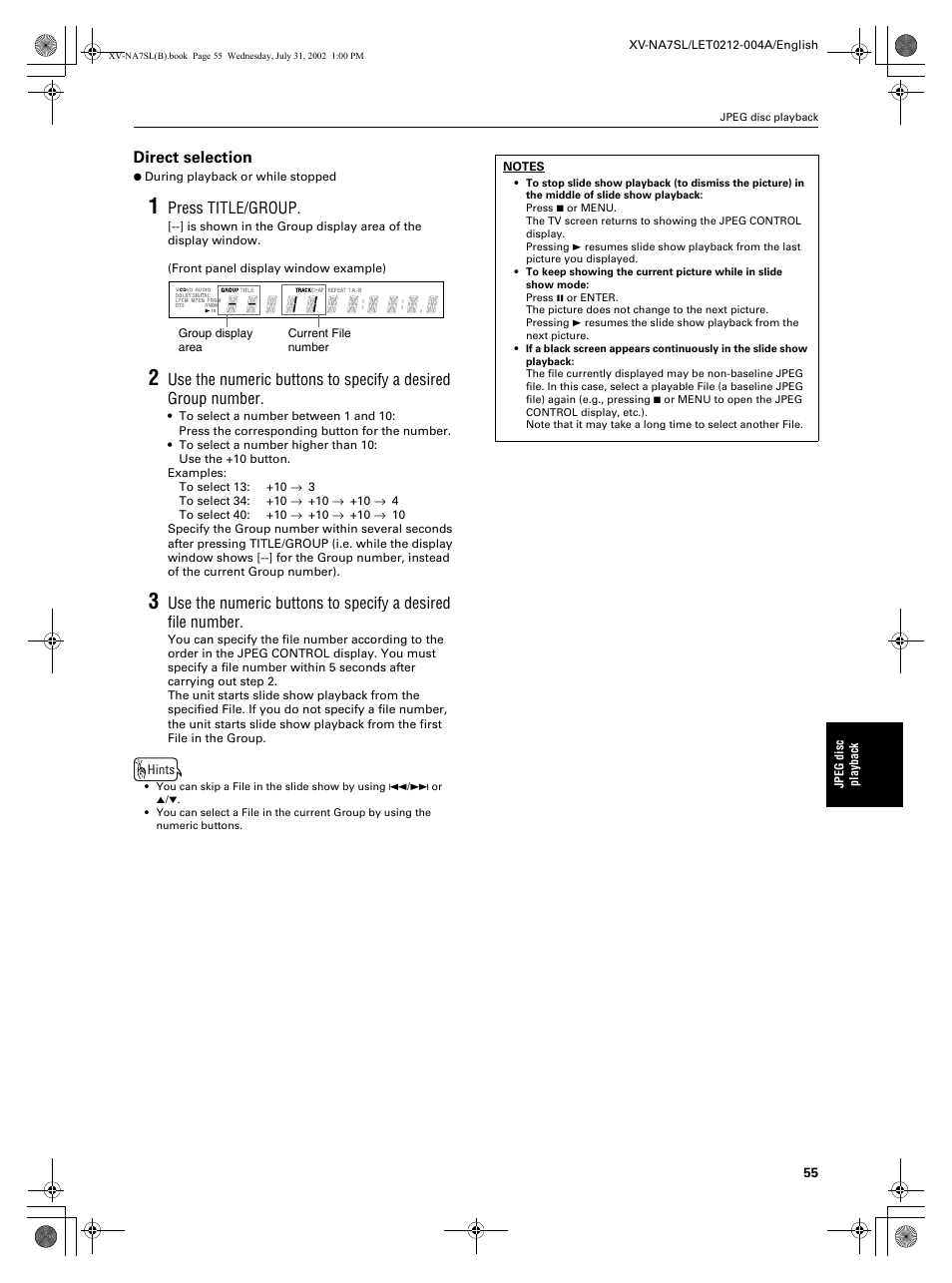 Direct selection, Press title/group | JVC XV-NA7SL User Manual | Page 57 / 82