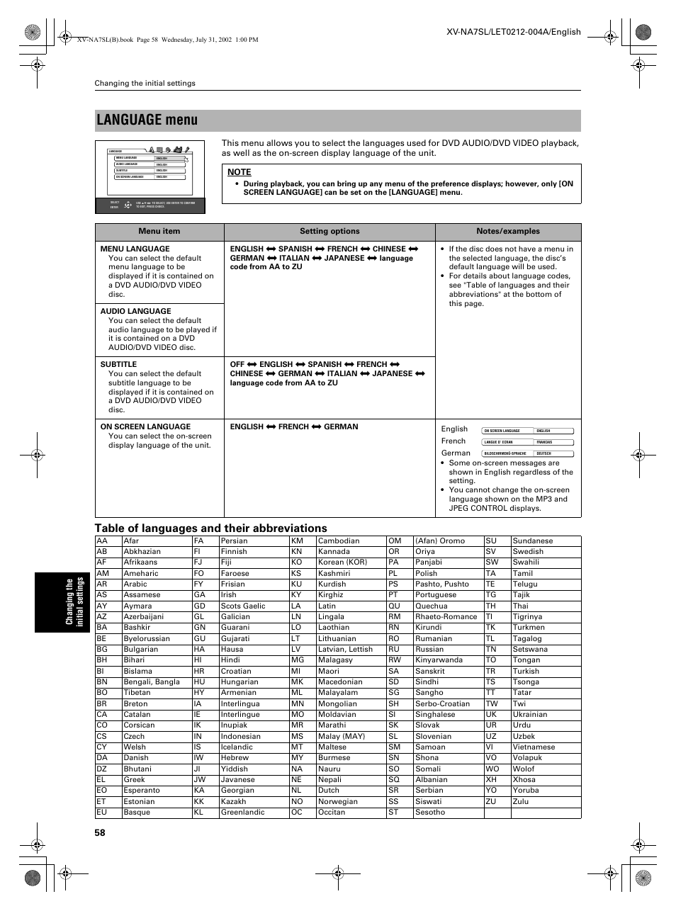 Language menu, Table of languages and their abbreviations | JVC XV-NA7SL User Manual | Page 60 / 82
