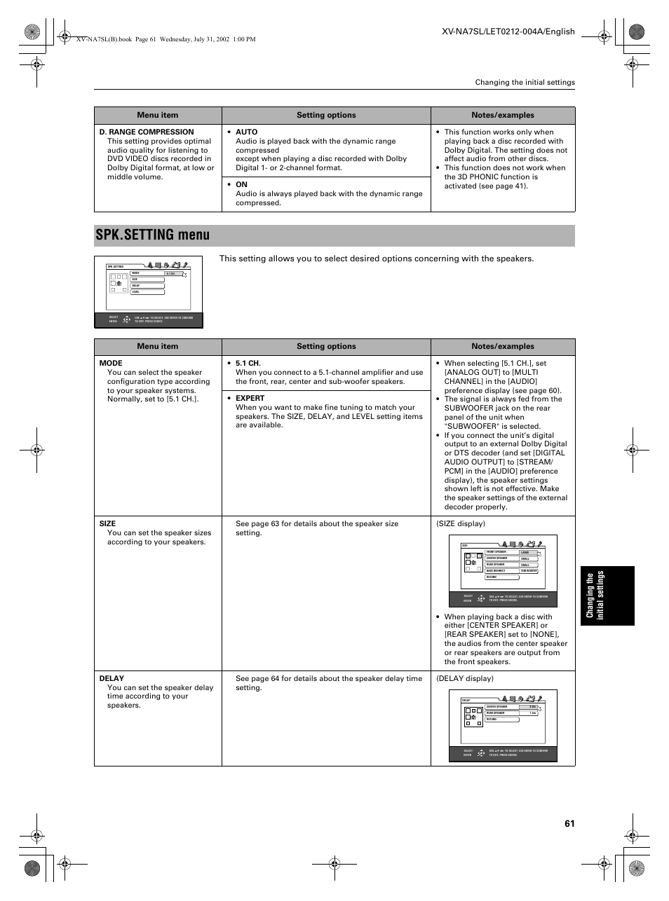 Spk.setting menu, Changing the initial settings | JVC XV-NA7SL User Manual | Page 63 / 82