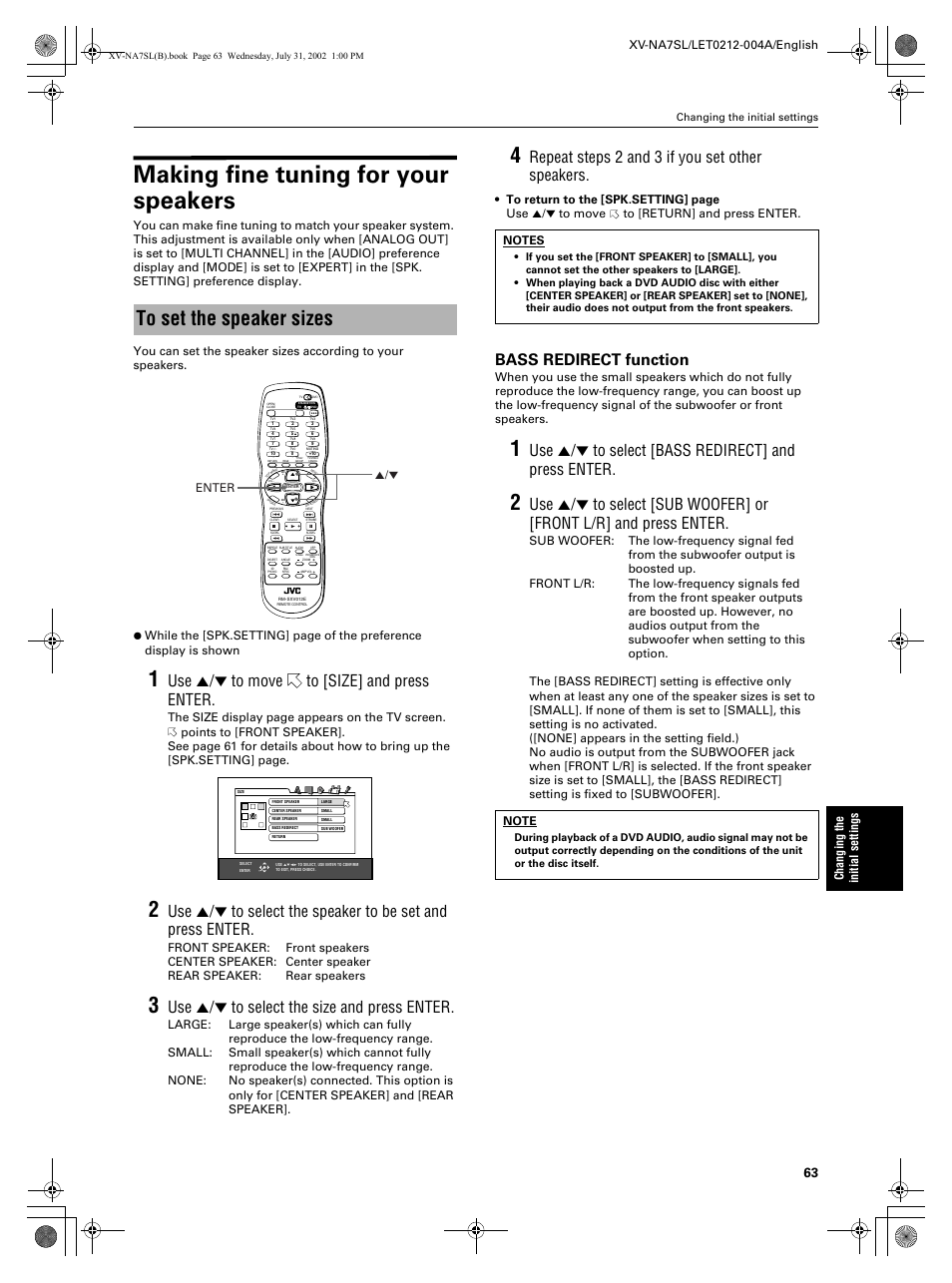 Making fine tuning for your speakers, Use 5/∞ to move to [size] and press enter, Use 5/∞ to select the size and press enter | Repeat steps 2 and 3 if you set other speakers, Bass redirect function, Use 5/∞ to select [bass redirect] and press enter, Changing the initial settings, The size display page appears on the tv screen, Enter 5 | JVC XV-NA7SL User Manual | Page 65 / 82