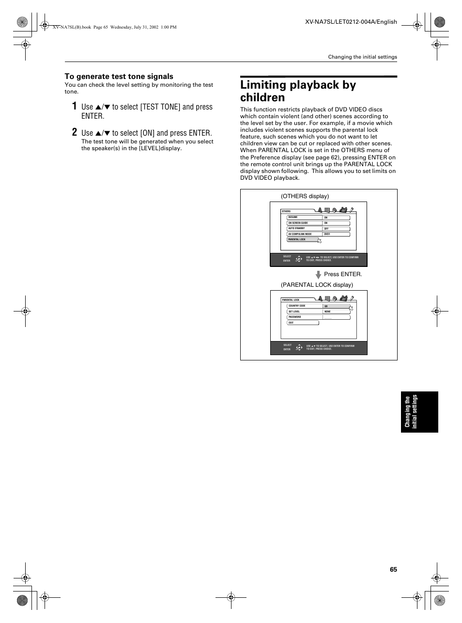 Limiting playback by children, Use 5/∞ to select [test tone] and press enter, Use 5/∞ to select [on] and press enter | JVC XV-NA7SL User Manual | Page 67 / 82
