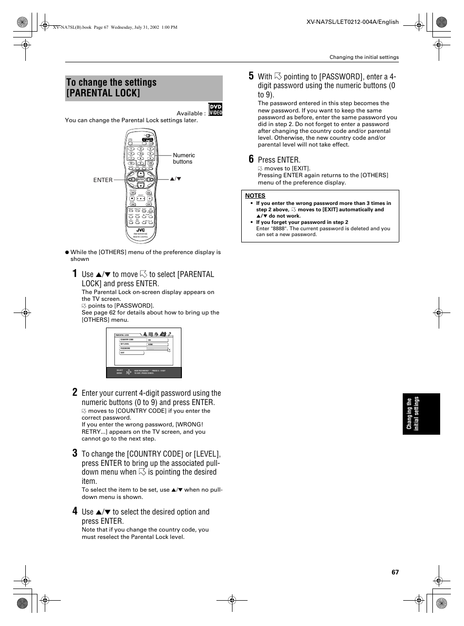 Press enter, Changing the initial settings, Enter 5/∞ numeric buttons | JVC XV-NA7SL User Manual | Page 69 / 82
