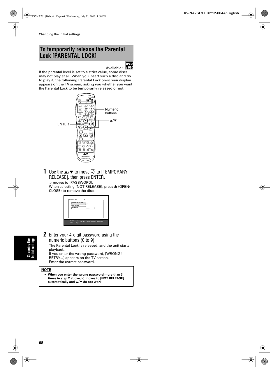 Enter 5/∞ numeric buttons, Changing the initial settings | JVC XV-NA7SL User Manual | Page 70 / 82