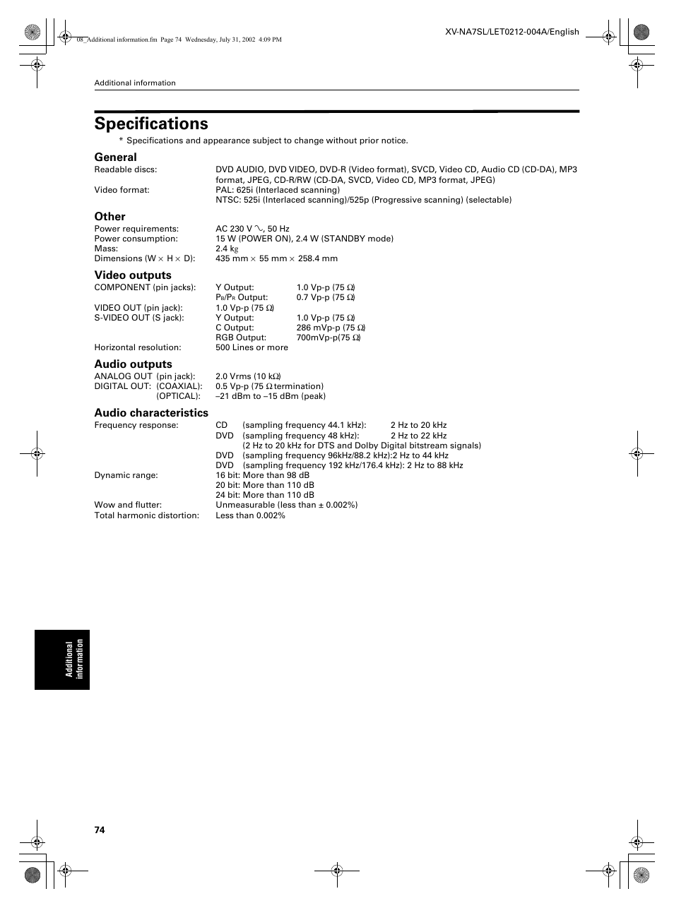 Specifications, General, Other | Video outputs, Audio outputs, Audio characteristics | JVC XV-NA7SL User Manual | Page 76 / 82