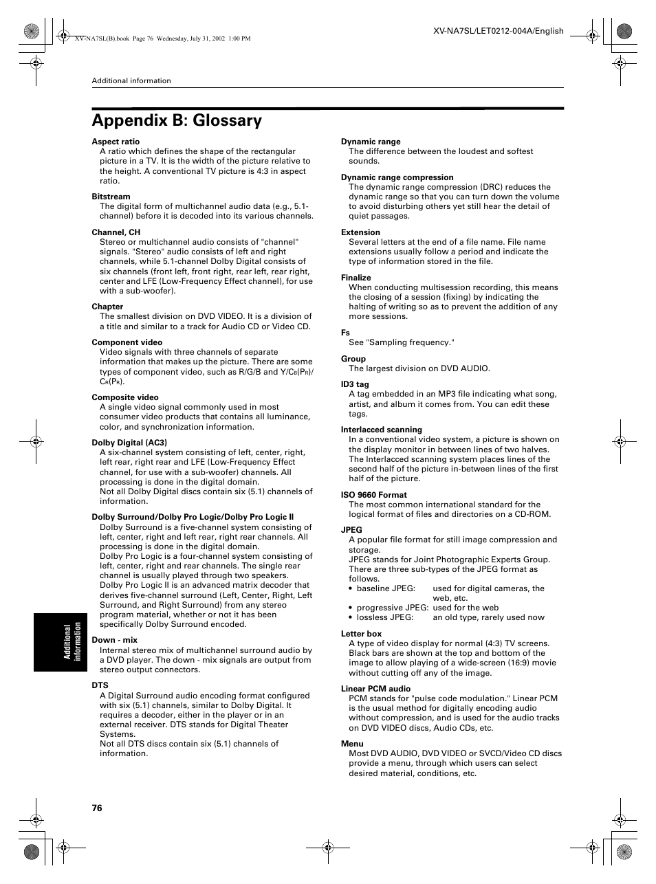 Appendix b: glossary | JVC XV-NA7SL User Manual | Page 78 / 82