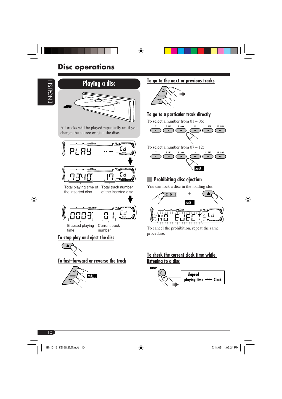 Disc operations, Playing a disc, English | Prohibiting disc ejection | JVC KD-S12 User Manual | Page 10 / 34