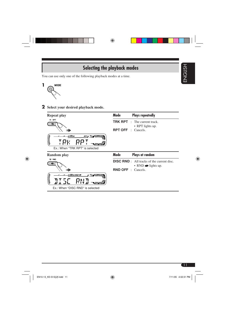 Selecting the playback modes, English | JVC KD-S12 User Manual | Page 11 / 34