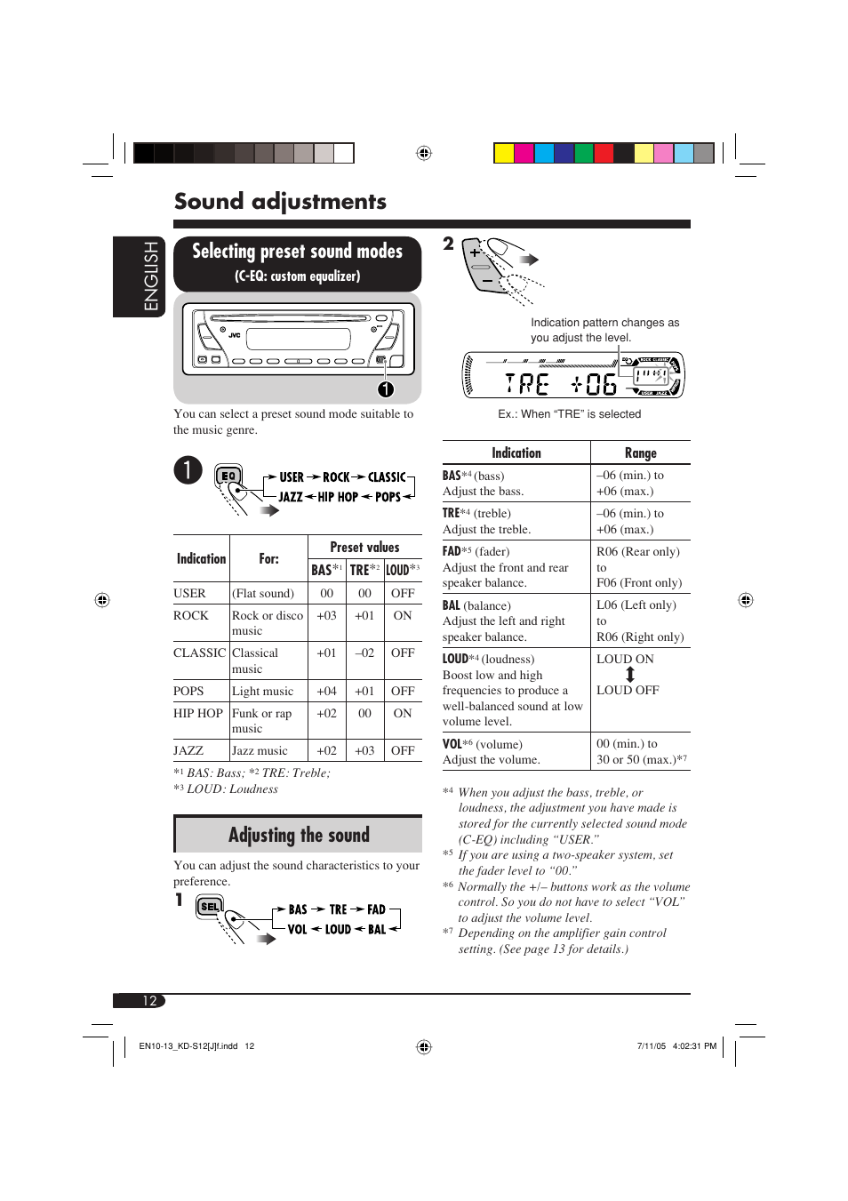 Sound adjustments, Selecting preset sound modes, Adjusting the sound | English | JVC KD-S12 User Manual | Page 12 / 34