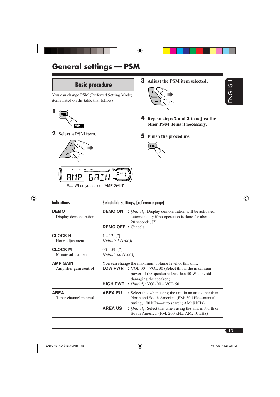 General settings — psm, Basic procedure, English | JVC KD-S12 User Manual | Page 13 / 34