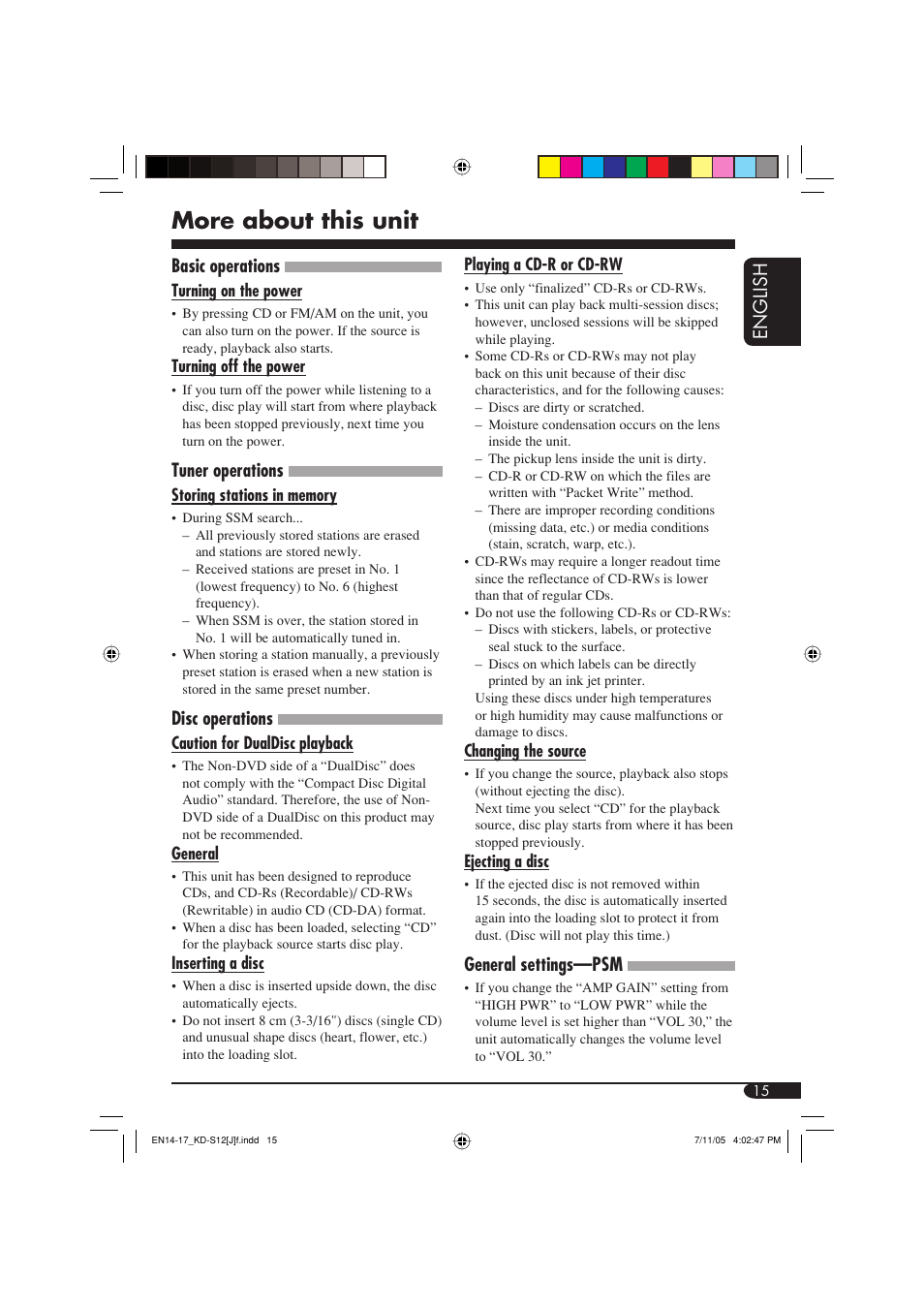 More about this unit, English, Basic operations | Tuner operations, Disc operations, General settings—psm | JVC KD-S12 User Manual | Page 15 / 34