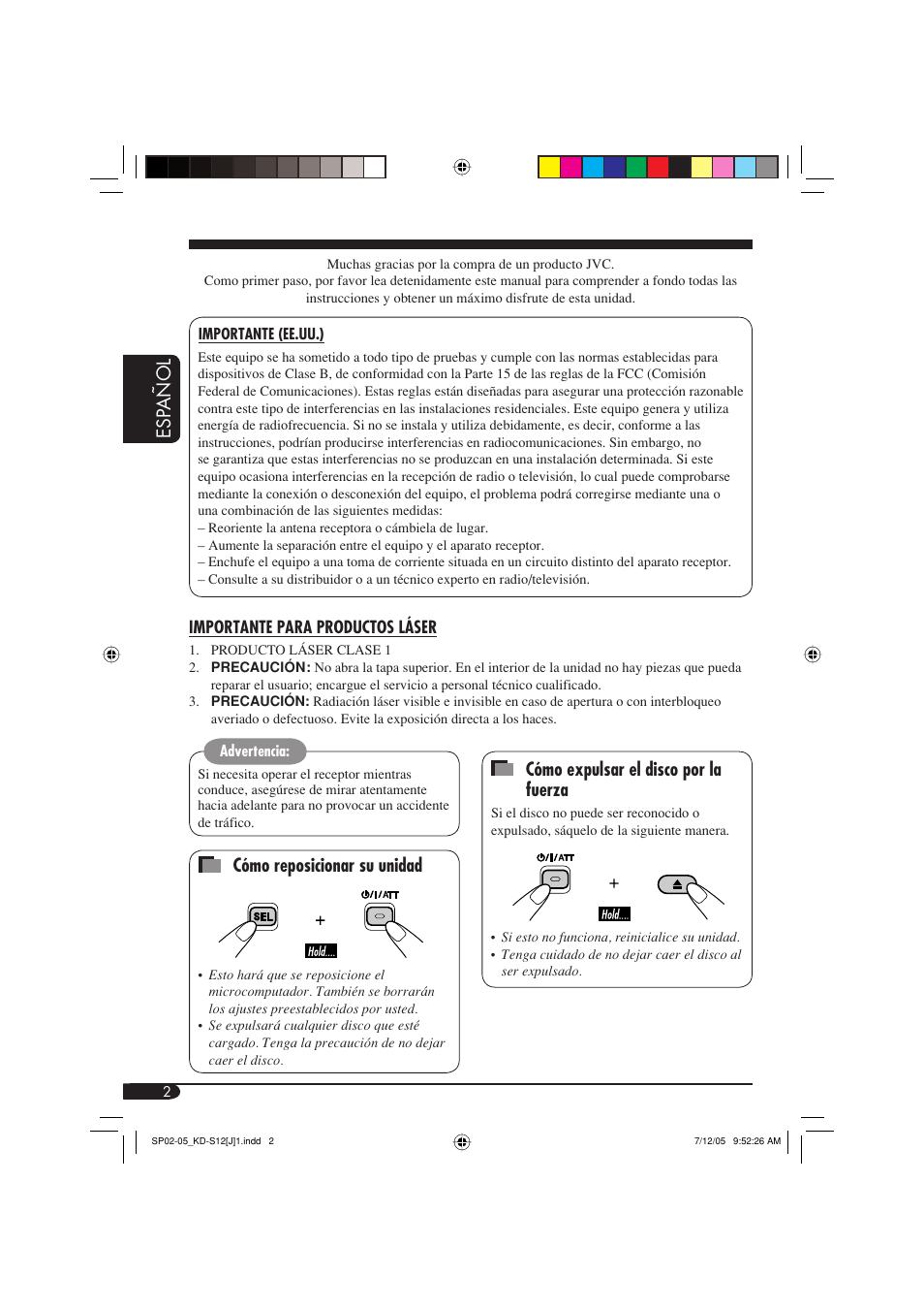 Esp añol, Cómo reposicionar su unidad, Cómo expulsar el disco por la fuerza | JVC KD-S12 User Manual | Page 18 / 34