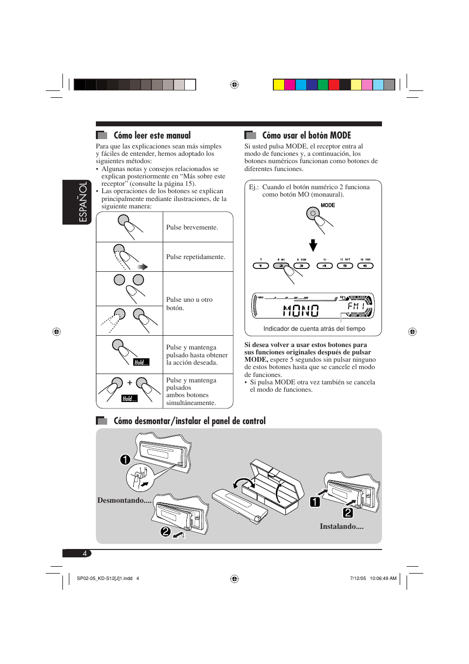 Esp añol cómo leer este manual, Cómo usar el botón mode, Cómo desmontar/instalar el panel de control | JVC KD-S12 User Manual | Page 20 / 34