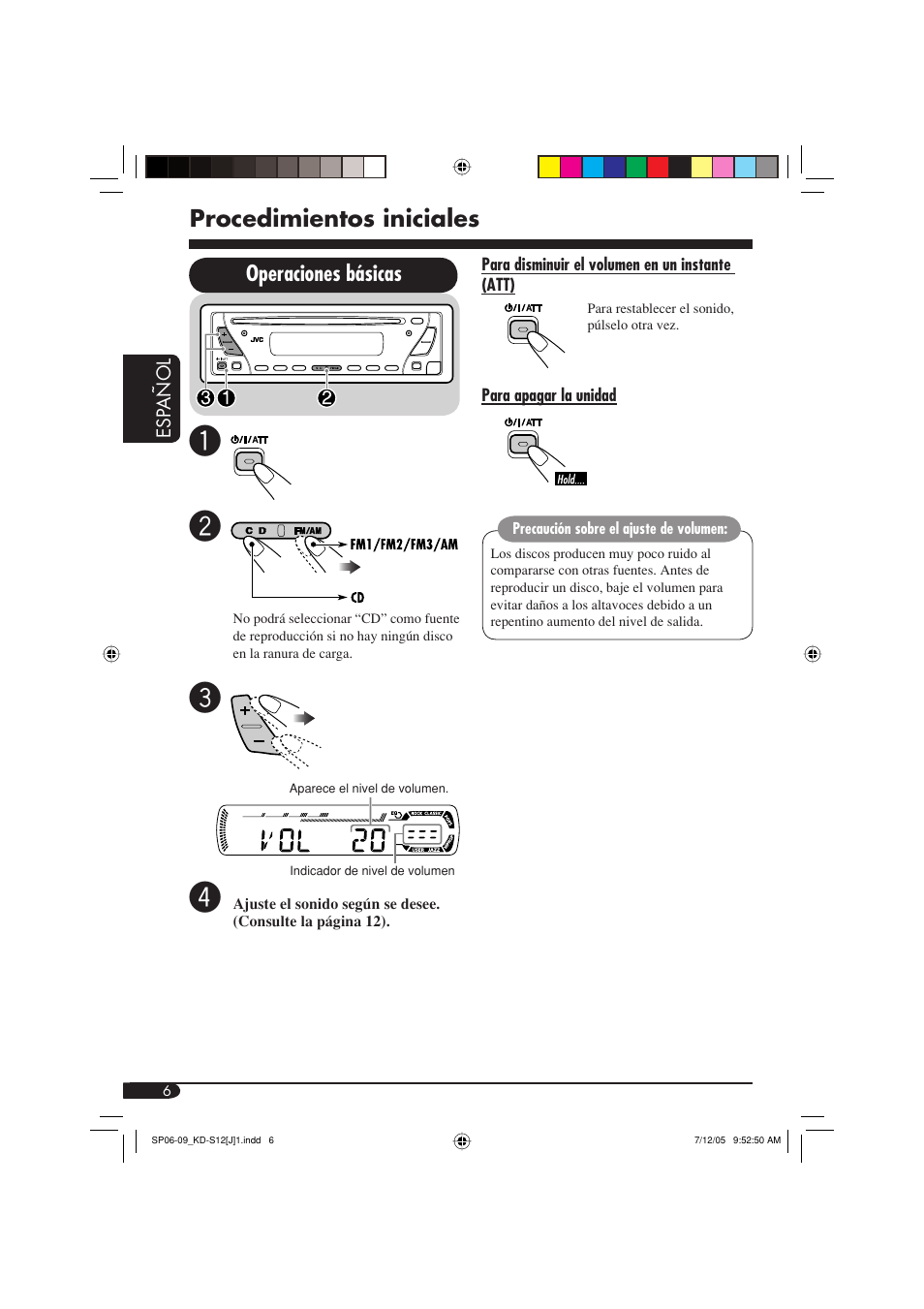 Procedimientos iniciales, Operaciones básicas | JVC KD-S12 User Manual | Page 22 / 34