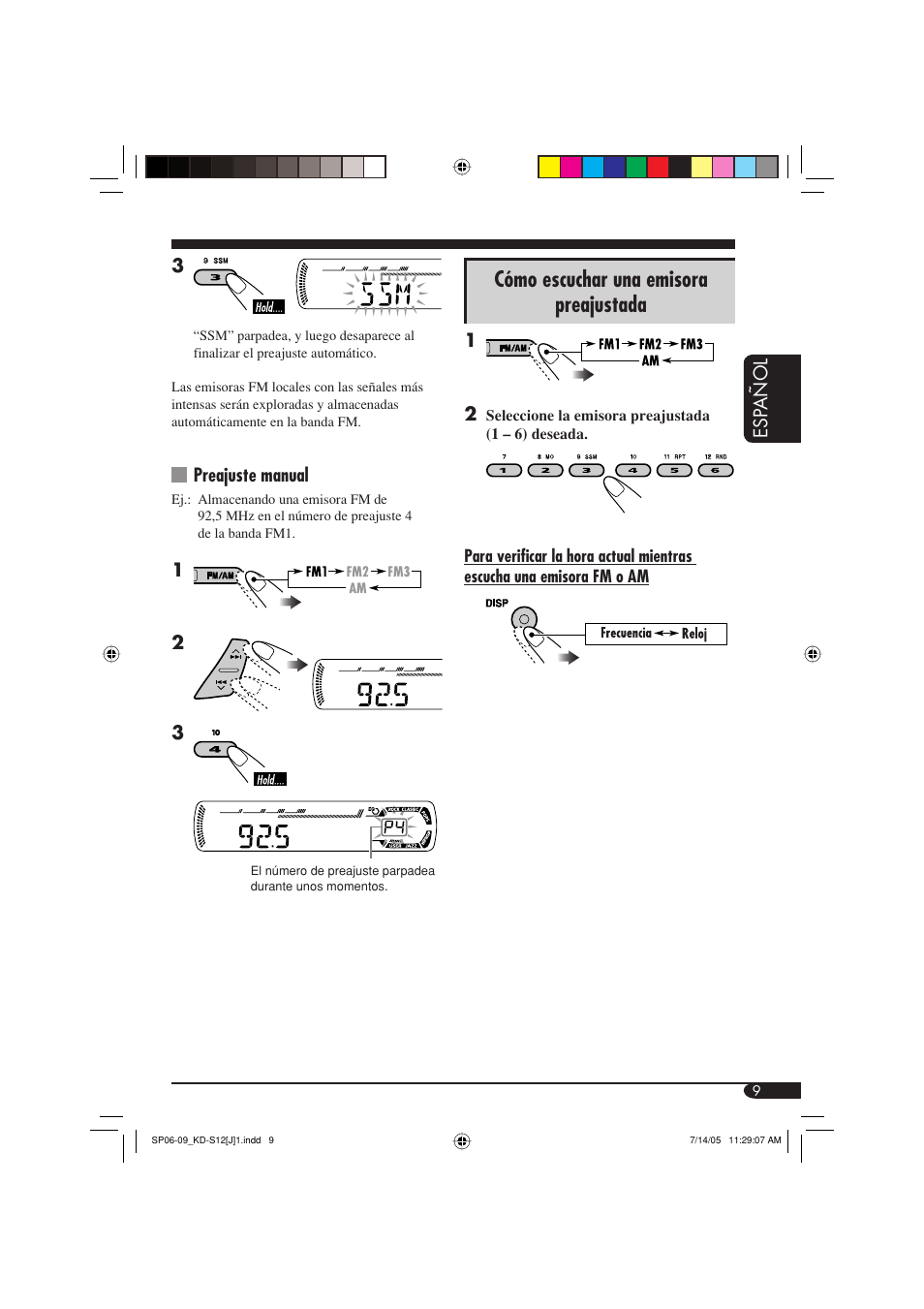 Cómo escuchar una emisora preajustada, Esp añol, Preajuste manual | JVC KD-S12 User Manual | Page 25 / 34