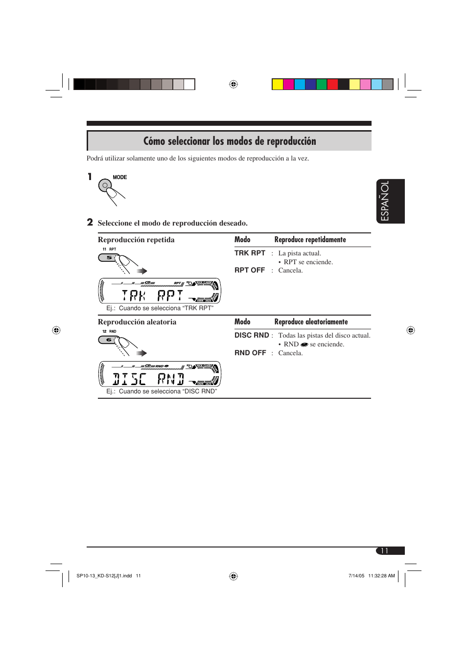 Cómo seleccionar los modos de reproducción, Esp añol | JVC KD-S12 User Manual | Page 27 / 34