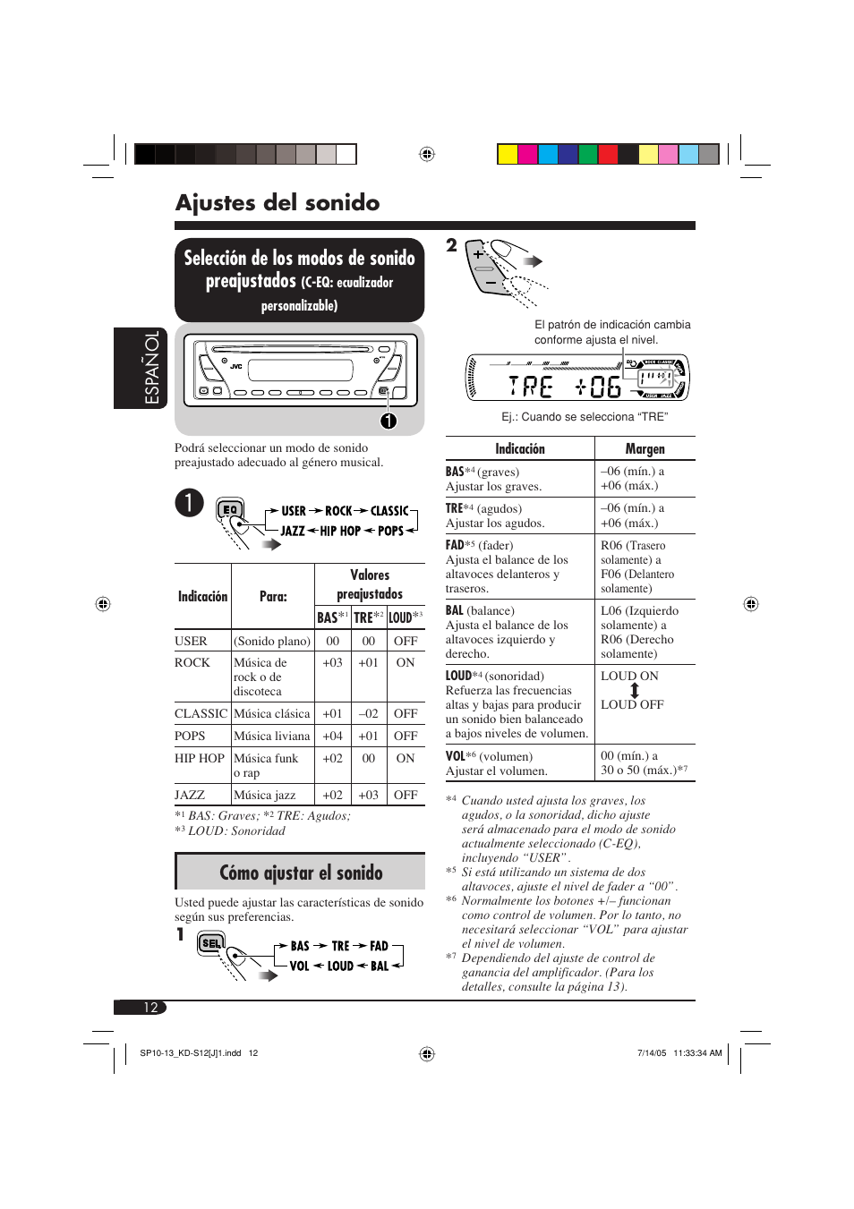 Ajustes del sonido, Selección de los modos de sonido preajustados, Cómo ajustar el sonido | Esp añol | JVC KD-S12 User Manual | Page 28 / 34