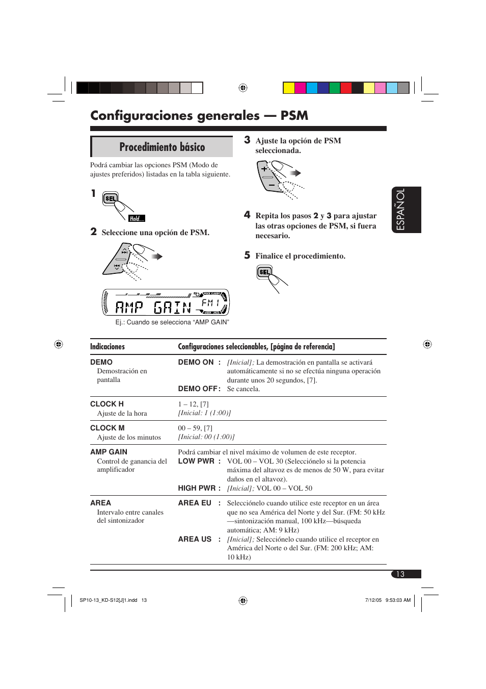 Configuraciones generales — psm, Procedimiento básico, Esp añol 3 | JVC KD-S12 User Manual | Page 29 / 34