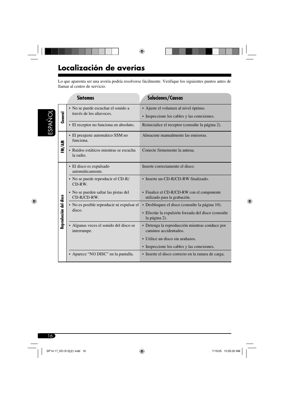 Localización de averías, Esp añol | JVC KD-S12 User Manual | Page 32 / 34