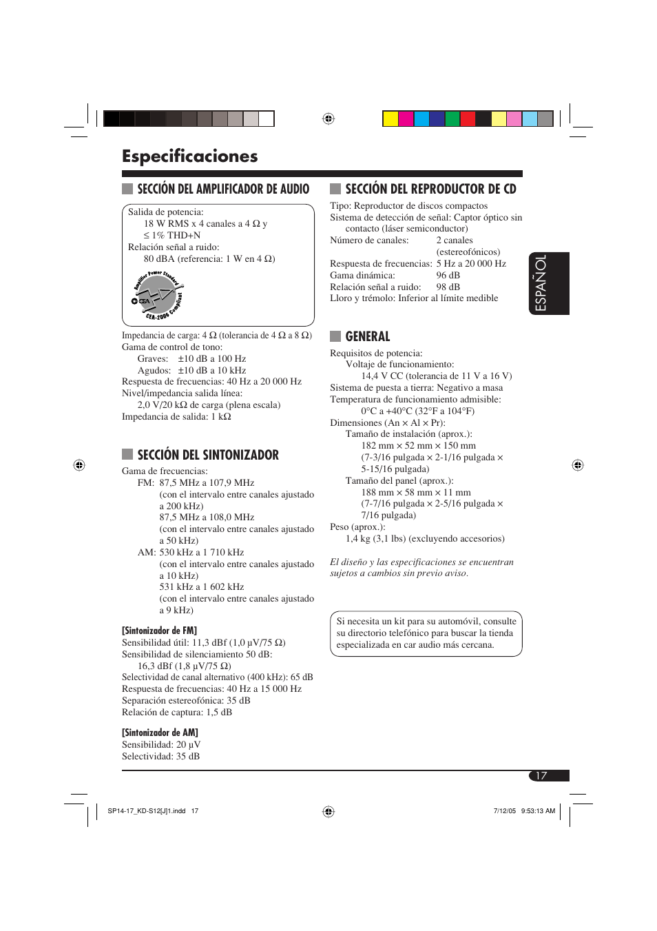 Especificaciones, Esp añol, Sección del amplificador de audio | Sección del sintonizador, Sección del reproductor de cd, General | JVC KD-S12 User Manual | Page 33 / 34