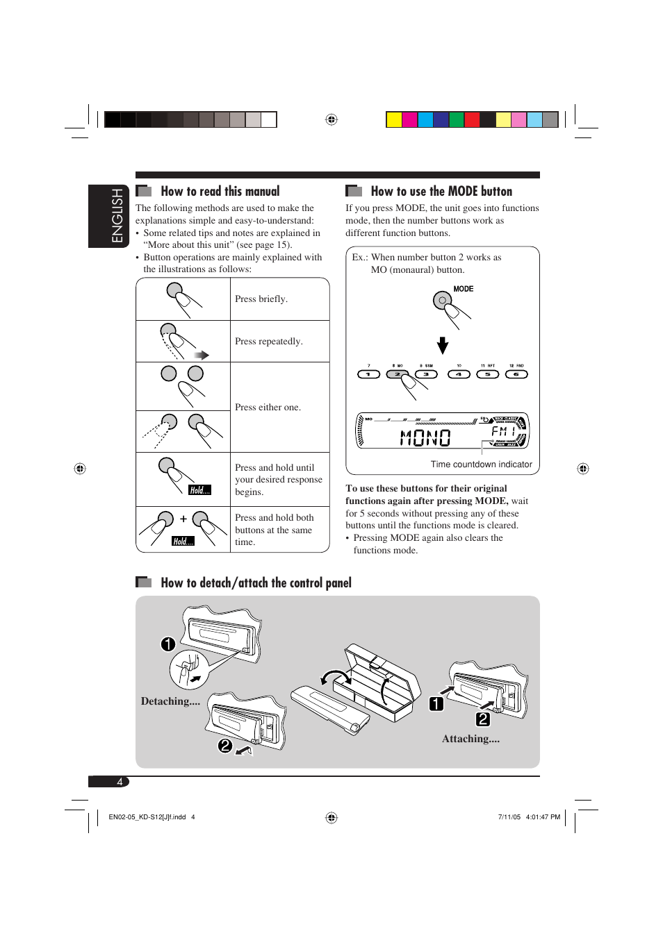 English how to read this manual, How to use the mode button, How to detach/attach the control panel | JVC KD-S12 User Manual | Page 4 / 34