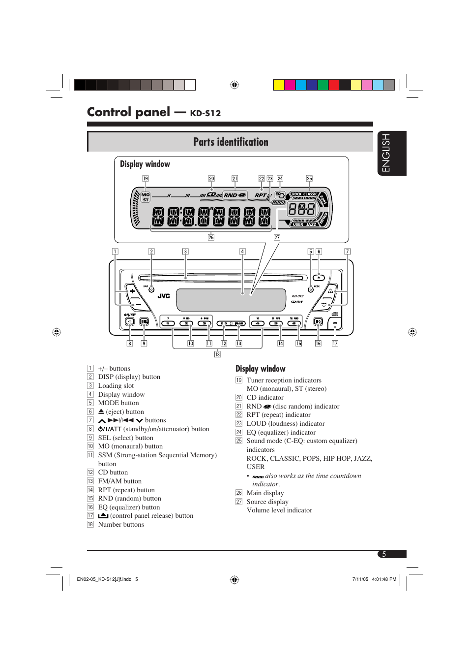 Control panel, Parts identification, English | JVC KD-S12 User Manual | Page 5 / 34