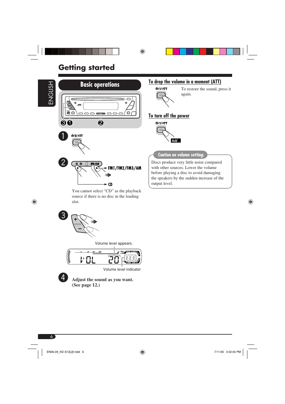 Getting started, Basic operations | JVC KD-S12 User Manual | Page 6 / 34
