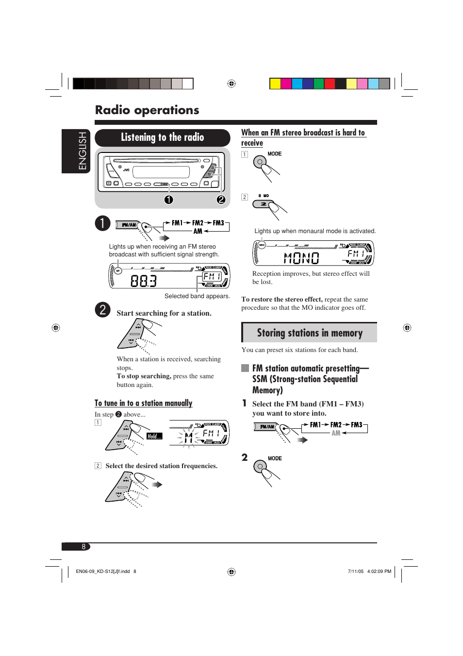Radio operations, Listening to the radio | JVC KD-S12 User Manual | Page 8 / 34