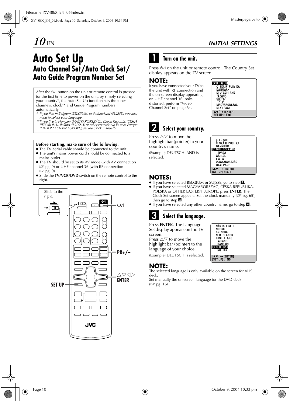 Auto set up | JVC HR-XV48E User Manual | Page 10 / 72