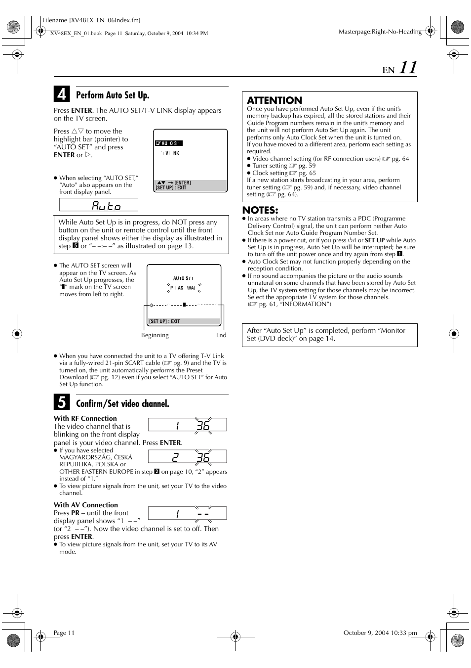 Perform auto set up, Confirm/set video channel, Attention | JVC HR-XV48E User Manual | Page 11 / 72