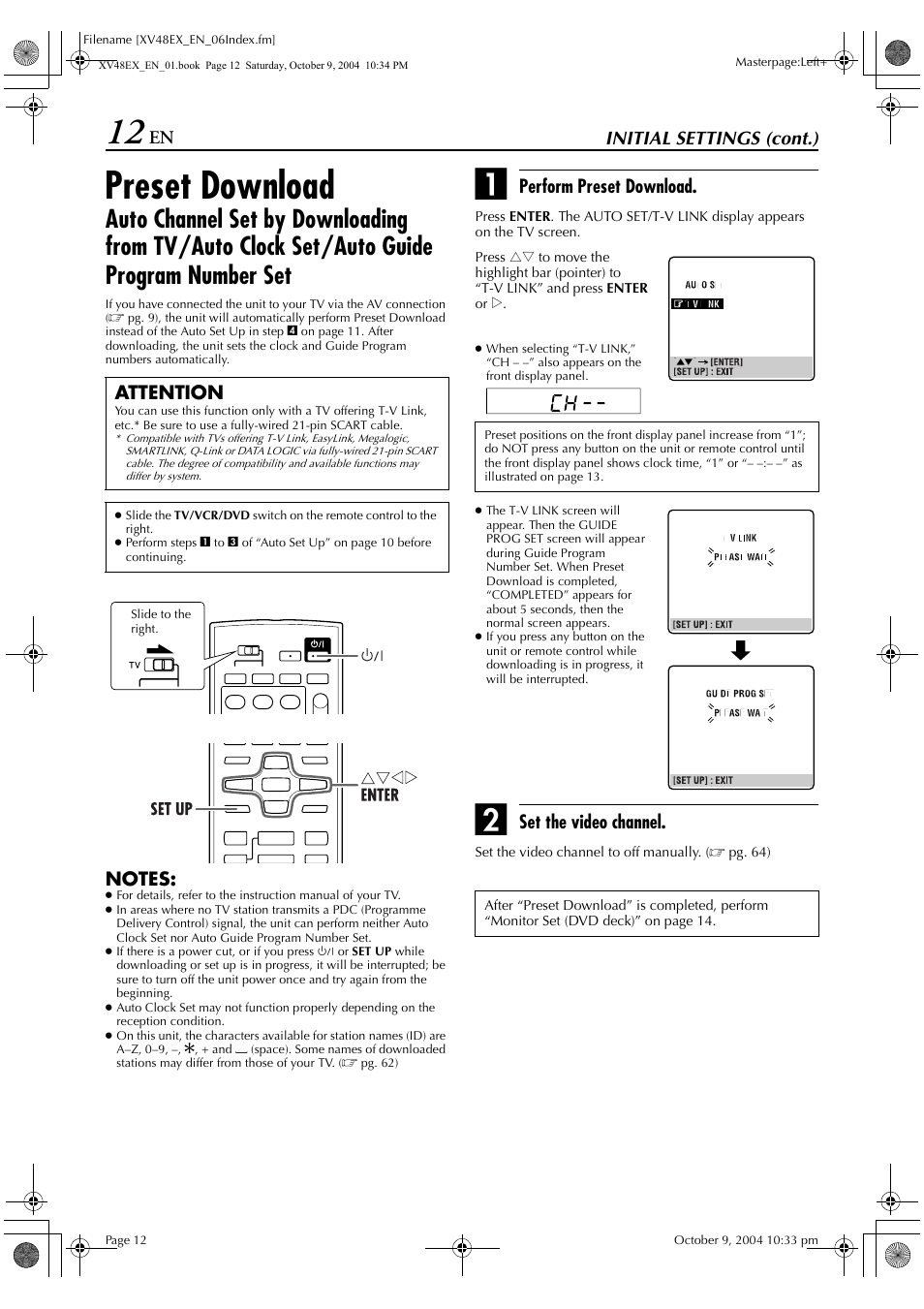 Preset download, Initial settings (cont.), Perform preset download | Set the video channel, Attention | JVC HR-XV48E User Manual | Page 12 / 72